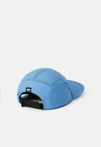 Light blue athletic cap with mesh panels and black adjustable strap, displayed on a white background, logo on the back.
