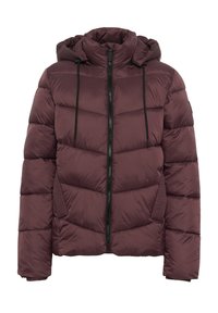 Bordeaux pufferjakke med hætte, frontlynlås, sidelommer og kviltede sektioner. Materialet ser glat og isoleret ud.