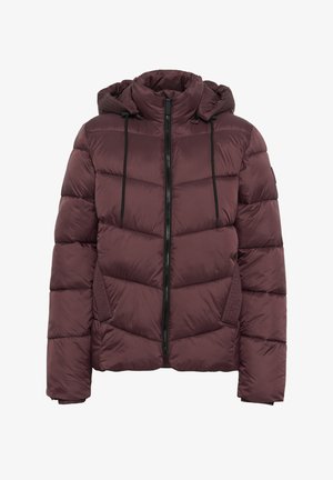 Burgundska puhovka s kapuco, sprednjim zadrgo, stranskimi žepi in prešito strukturo. Material se zdi gladek in izoliran.