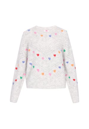 Pulover tricotat de culoare gri deschis, cu guler rotund, mâneci lungi și modele de inimi multicolore pe toată suprafața. Design texturat cu un aspect confortabil.