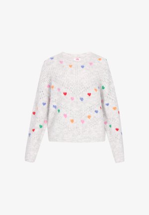 Gaiši pelēks adīts krekls ar izgriezumu, garām piedurknēm un krāsainām sirdītiem visā virsmā. Strukturēts dizains ar siltu izskatu.