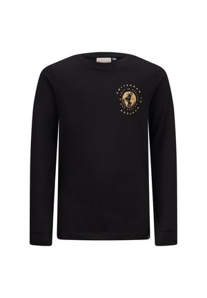 Schwarzes Langarm-T-Shirt aus Baumwolle mit einem goldenen Grafikdruck auf der Brust, der Text und ein Globus-Design zeigt. Keine sichtbaren Etiketten.