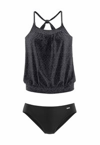 Parte superior de tankini negra con estampado y dobladillo gathered, con tirantes ajustables, combinada con una parte inferior de bikini negra lisa.