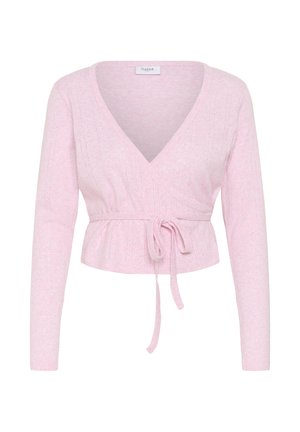 Hellrosa, Wickelstrick-Cardigan mit langen Ärmeln und einem Bindegürtel an der Taille, mit dezenten vertikalen Rippenstrick-Details.