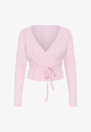 Hellrosa, Wickelstrick-Cardigan mit langen Ärmeln und einem Bindegürtel an der Taille, mit dezenten vertikalen Rippenstrick-Details.