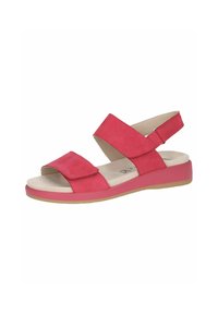 Rózsaszín szandál két széles pánttal és egyetlen bokapánttal. Könnyű talp, texturált tapadós talppal. Puha, velúrszerű anyag.