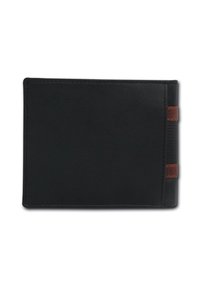 Schwarzes Lederportemonnaie mit glatter Oberfläche, ausgestattet mit einem braunen Akzent und strukturiertem Muster an der Seite. Einfacher, rechteckiger Schnitt.