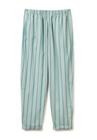 Lichtblauwe pyjamabroek met verticale strepen in donkerder blauw, voorzien van een elastische tailleband en gefittinge manchetten. Glad, lichtgewicht stof.