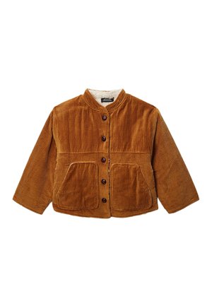 Veste en velours côtelé marron avec fermeture à boutons, deux poches devant, manches longues et doublure intérieure douce de couleur crème.
