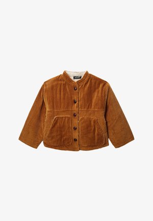 Veste en velours côtelé marron avec fermeture à boutons, deux poches devant, manches longues et doublure intérieure douce de couleur crème.