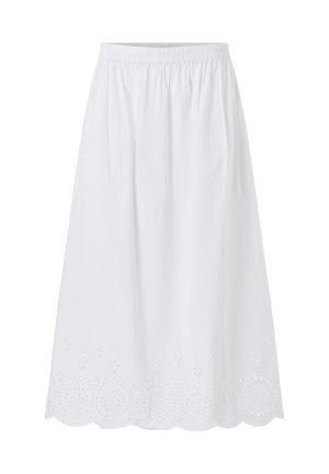 White knee-length skirt with elastic waistband and eyelet embroidery floral pattern along scalloped hem.
