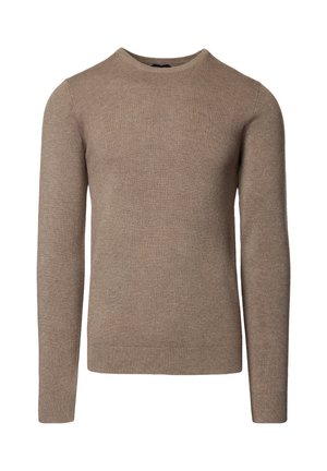 Brązowy sweter z dzianiny z długimi rękawami i okrągłym dekoltem. Gładka faktura z subtelnym wzorem w diament, oferująca dopasowany krój.