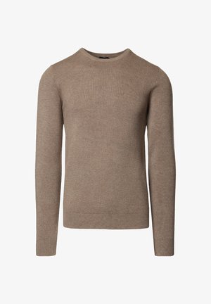 Brązowy sweter z dzianiny z długimi rękawami i okrągłym dekoltem. Gładka faktura z subtelnym wzorem w diament, oferująca dopasowany krój.