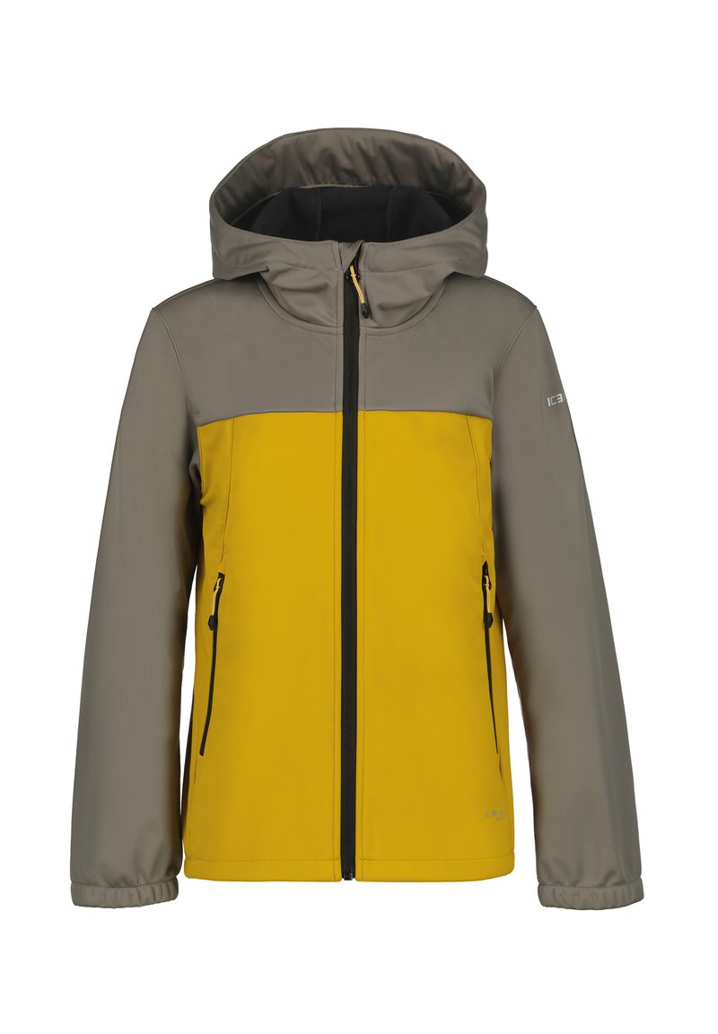 Huvjacka med en gul kropp och grå överdel, med två zip-fickor på sidan och svart dragkedja. Slät textur.