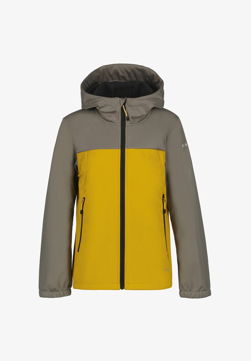 Veste à capuche avec un corps jaune et une section supérieure grise, dotée de deux poches latérales zippées et d'une bordure de fermeture éclair noire. Texture lisse.