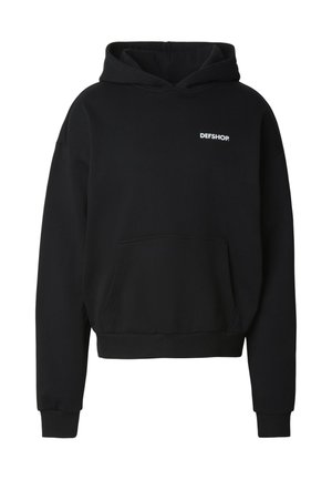 Must kapuutsiga dressipluus ees taskuga ja väike valge "DEFSHOP" logo vasaku üla-rinna piirkonnas.