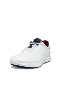 Hvid sportssko med mørkeblå tunge og hælaccents, hvide snørebånd og vinrød indvendig foring, vist i en vinkel på en hvid baggrund.