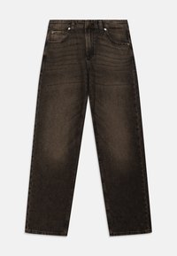 Černé džíny z denimu s volným střihem, které mají klasický design s pěti kapsami, zapínání na knoflík a jemné vyblednutí v textuře látky.