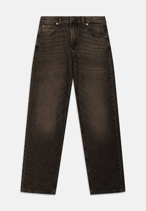 Zwarte denim jeans met een losse pasvorm, voorzien van een klassiek vijf-pocket ontwerp, knoopsluiting en subtiele vervaging in de stoftextuur.