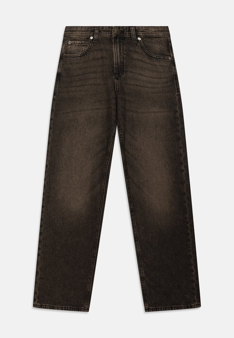 Jeans de mezclilla negra con un corte holgado, que presentan un diseño clásico de cinco bolsillos, cierre de botón y un ligero desgastado en la textura de la tela.