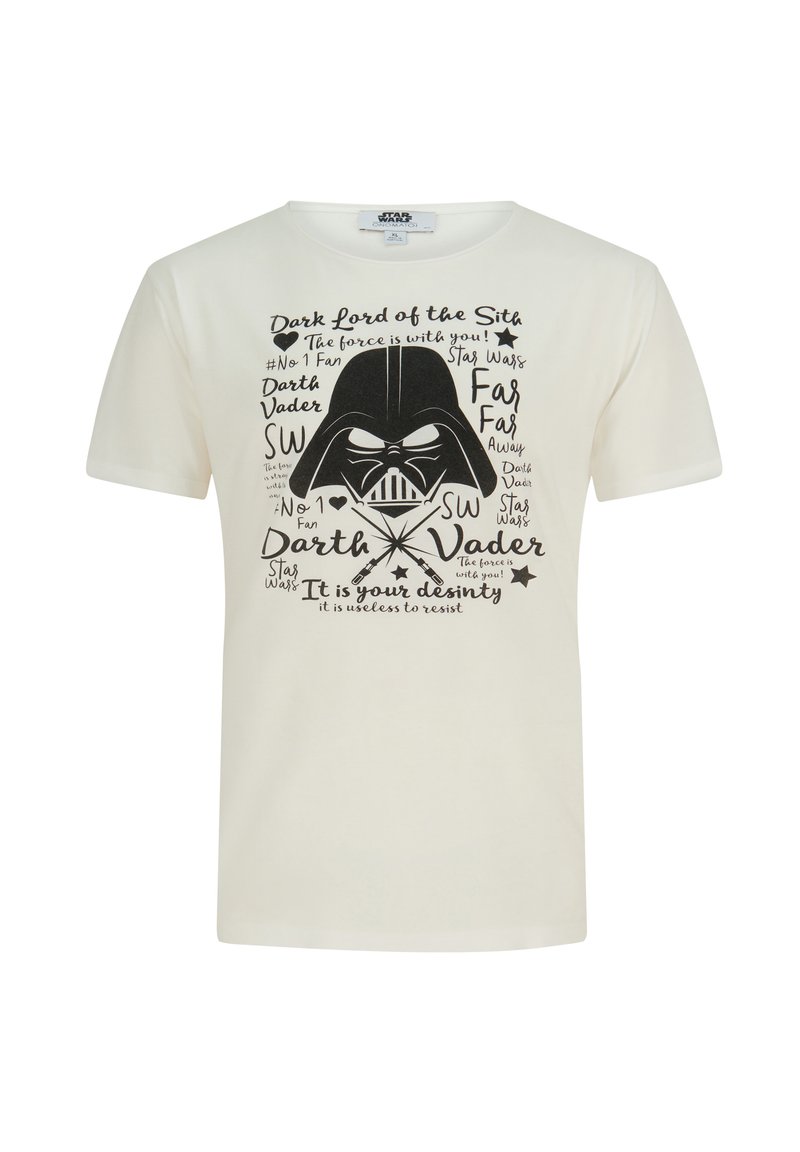 Crème katoen t-shirt met een grote zwarte afbeelding van Darth Vader, omringd door verschillende tekst elementen en sterrenaccenten rond het ontwerp.