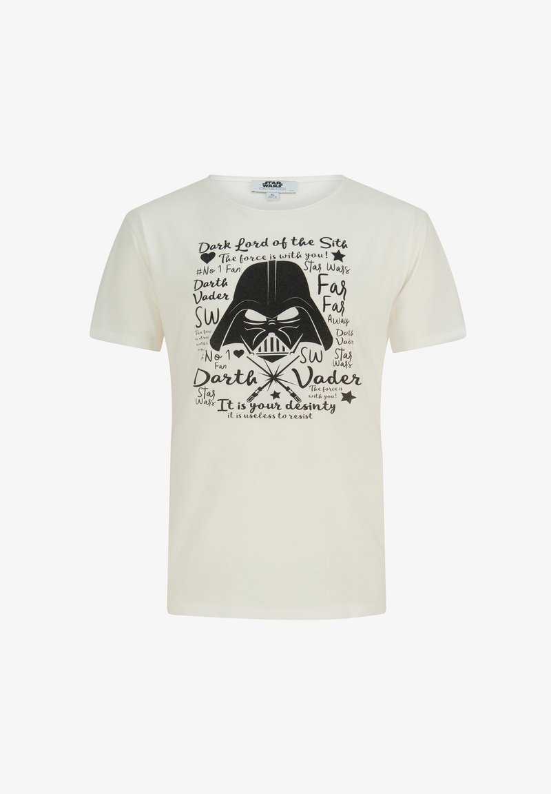 Camiseta de algodón cremosa con un gran gráfico negro de Darth Vader, con varios elementos de texto y acentos de estrellas alrededor del diseño.