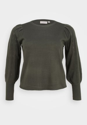 Olijfgroen brei-sweater met een ronde hals, pofmouwen en geribbelde manchetten. De mouwen hebben een gestructureerd opengewerkt patroon.