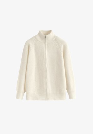 Pull en maille côtelée couleur crème avec un col haut et une fermeture éclair à l'avant. Il présente des épaules abaissées et des manches longues, avec un tissu texturé.