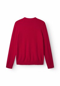 Punane sviiter ümmarguse kaelusega, pikkade varrukatega ning soonikkoes ääriste ja hemiga. Sile tekstuur ja ühtlane värv, vaadatud tagant.