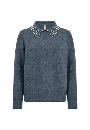 Gebreide trui in donkerblauw met een kraag versierd met witte parelaccenten, met een rechte pasvorm en lange mouwen.