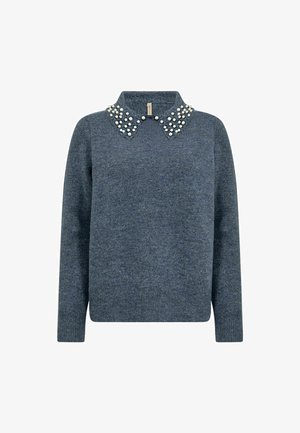 Knitted sweater in dark blue with a collar adorned with white pearl accents, featuring a straight fit and long sleeves.