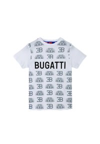 T-shirt bianca a maniche corte con un motivo grigio ripetitivo di auto e la scritta "BUGATTI" in nero in grassetto al centro. Vestibilità classica.
