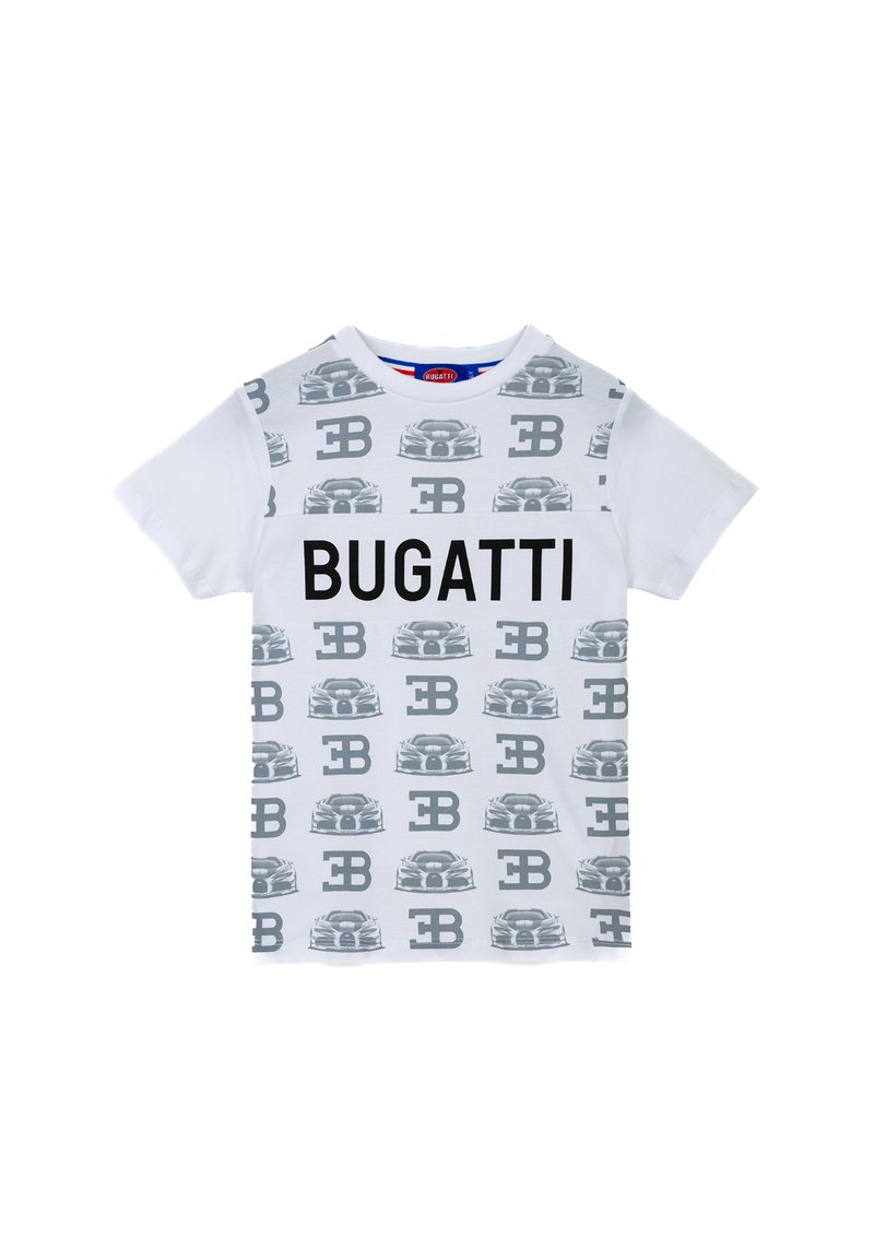 T-shirt bianca a maniche corte con un motivo grigio ripetitivo di auto e la scritta "BUGATTI" in nero in grassetto al centro. Vestibilità classica.