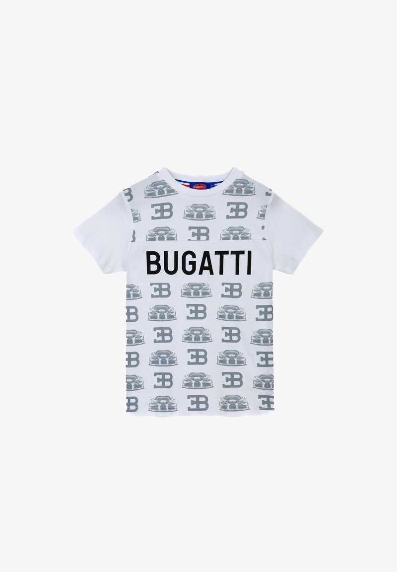 T-shirt bianca a maniche corte con un motivo grigio ripetitivo di auto e la scritta "BUGATTI" in nero in grassetto al centro. Vestibilità classica.