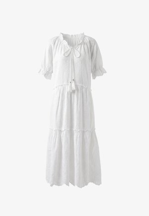 Vestito midi di cotone bianco con maniche a sbuffo, orlo arricciato, ricamo a occhielli e nastro con nappe sulla scollatura.