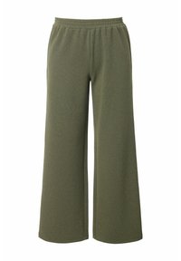 Olijfgroene gebreide broek met wijde pijpen, een elastische tailleband en een subtiel gestructureerd patroon.
