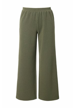 Olijfgroene gebreide broek met wijde pijpen, een elastische tailleband en een subtiel gestructureerd patroon.