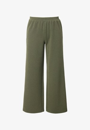 Olijfgroene gebreide broek met wijde pijpen, een elastische tailleband en een subtiel gestructureerd patroon.
