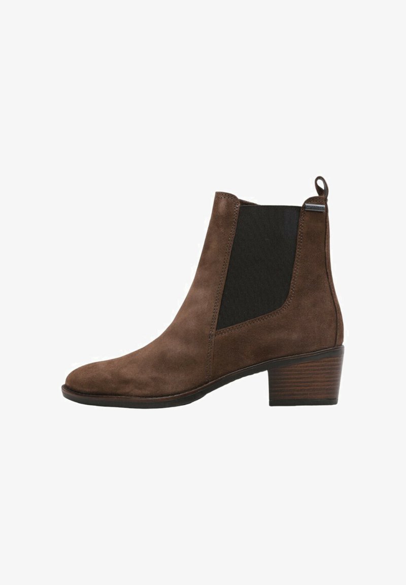 Brown suede ankle boot with a rounded toe, elastic side panels, and a medium block heel. Textured black accents add contrast to the design.