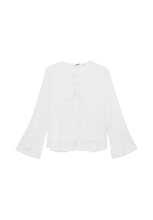 Blouse blanche à manches longues avec poignets évasés, ourlet à volants à étages et fermeture par nœud à l'encolure.