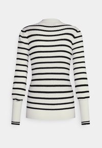 Maglione a righe con texture a coste, caratterizzato da strisce orizzontali alternate nere e bianche, design aderente e scollo rotondo con maniche lunghe.