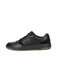 Sneaker nera con tomaia in pelle e dettagli in suede, dotata di design laccato, collo imbottito e suola in gomma testurizzata per una buona aderenza.