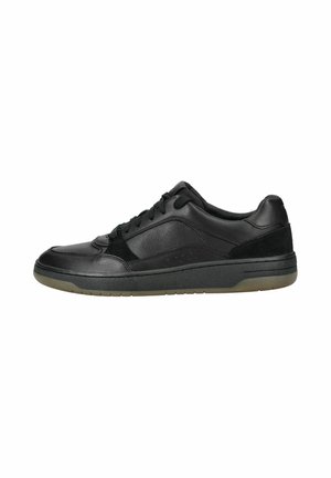 Black sneaker with leather upper and suede accents, featuring a lace-up design, padded collar, and a textured rubber sole for traction.