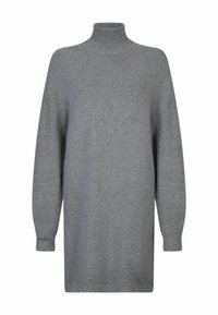 Hall grey kudumel dress kõrge kraega, pikkade varrukatega ja lõdva istuvusega, millel on peened laigud üle kogu pinda.