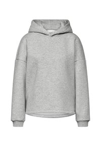 Sudadera con capucha gris, elaborada en un tejido suave, que presenta un corte relajado, hombros caídos y puños de canalé. Textura suave con sutiles motas.
