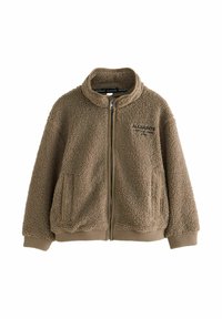 Brun sherpa-jakke med højt krave, lynlås lukning, sidelommer og ribbede manchetter. Broderet logodetalje på brystet.
