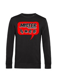Schwarzer Langarm-Sweatshirt mit einer auffälligen roten Grafik und dem Text ".MISTER" sowie Symbolen. Hergestellt aus einem weichen, dehnbaren Material.