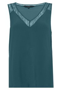 Top senza maniche color teal con scollatura a V, caratterizzato da un inserto in pizzo lungo il collo. Realizzato in tessuto liscio e leggero.