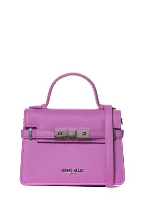 Borsa a tracolla viola realizzata in materiale sintetico testurizzato, con manico superiore, tracolla regolabile e chiusura metallica con dettaglio del logo.