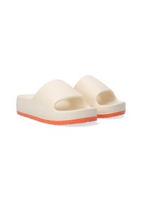 Beige slide sandals with open toe and arch. Textured upper, smooth finish. Bright orange sole with small, raised tread pattern.